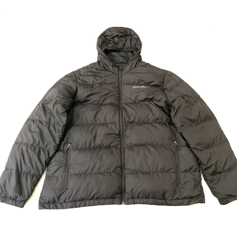 Eddie Bauer Wide Channel Hooded Down Puffer Jacket Mens XXL Black EB650 Full Zip